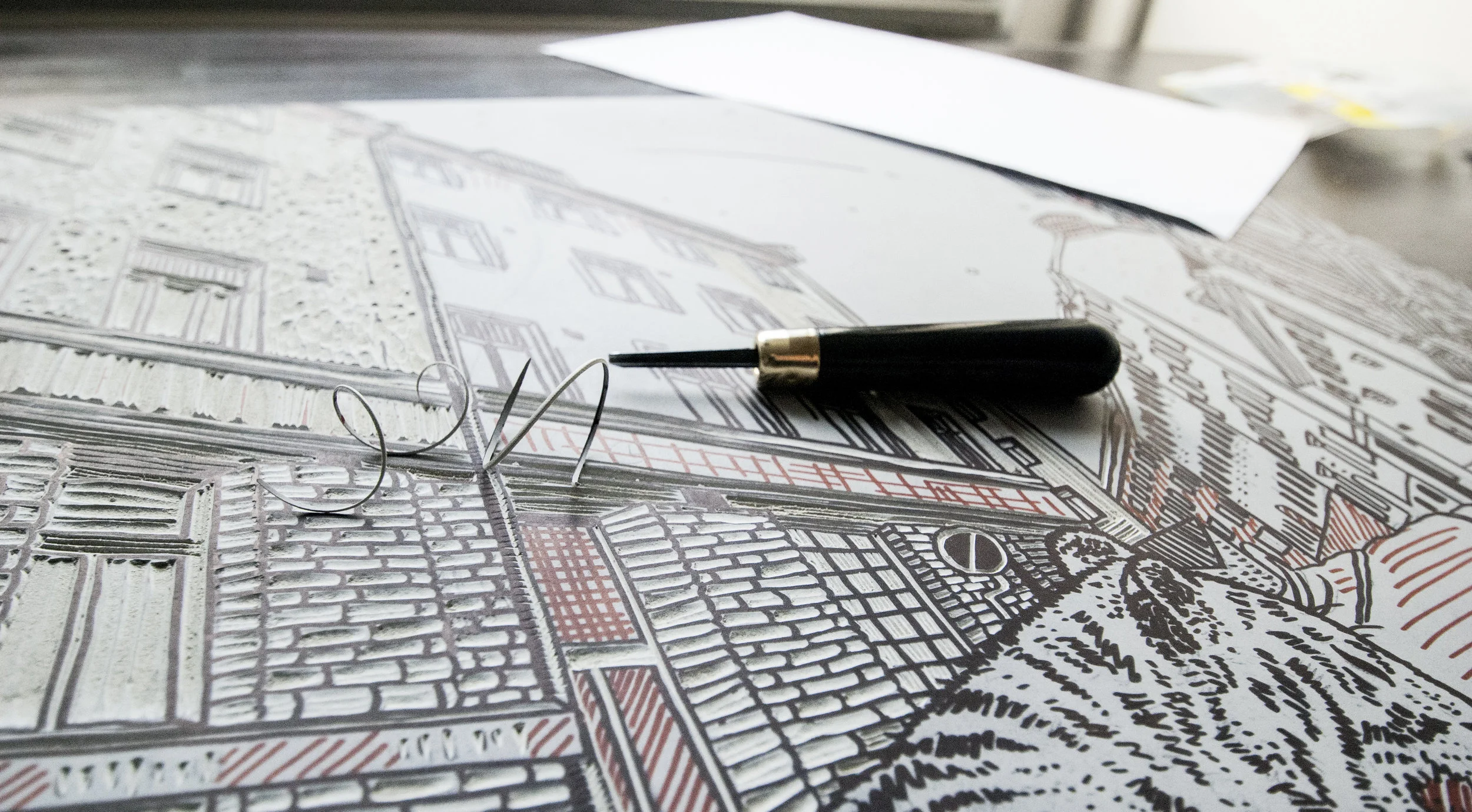 Urvädersgränd, original linocut by with a tiger on a Södermalm street. 50 x 60 cm, edition of 7. Year 2014.