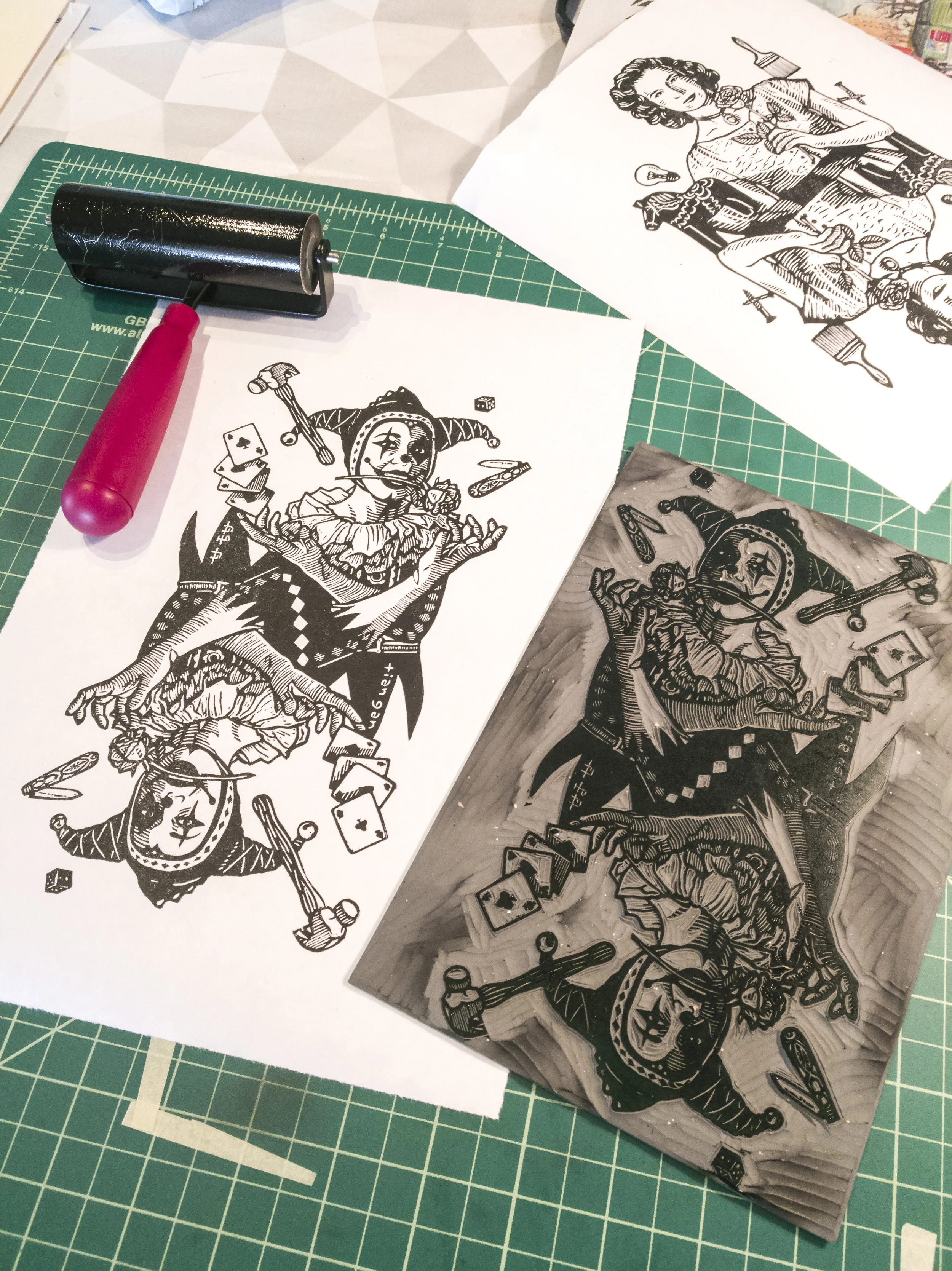 The linocuts measure app. 15 x 30 cm.