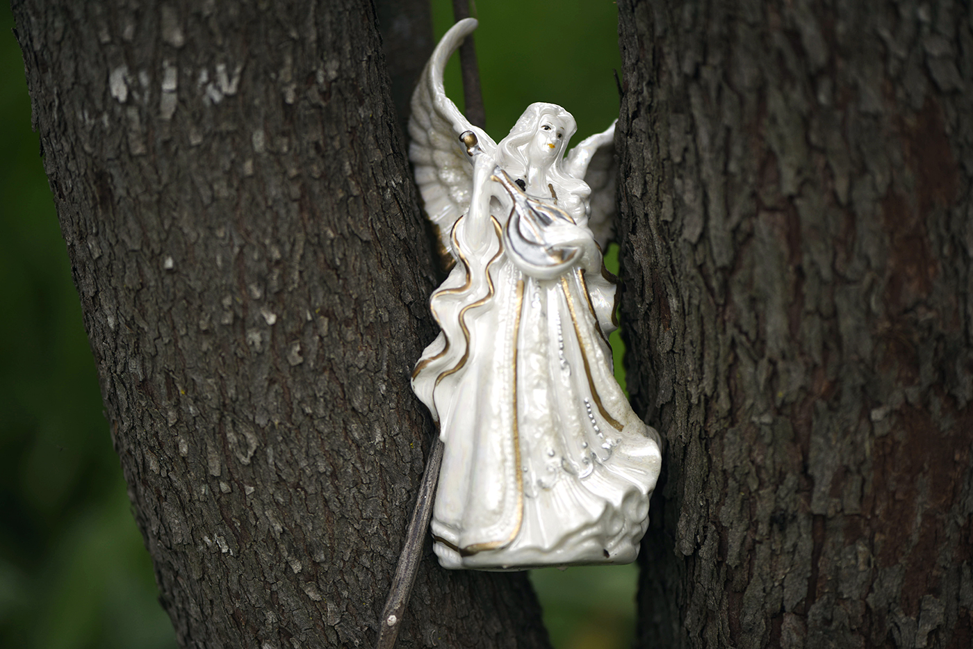 A statue of an angel sits placed between two trees on Wednesday, April13, 2017 at Oak Spirit Sanctuary. Wicca doesn't believe in heaven or hell, but they do believe in guardian angels that are benign entities belonging and leading every person. "Oftentimes, visitors will place statues on the land. We don't always know who or why, but we know there was a purpose to the one who left it. This is somebody's guardian and it will be there the next time that person returns," Lynn said.