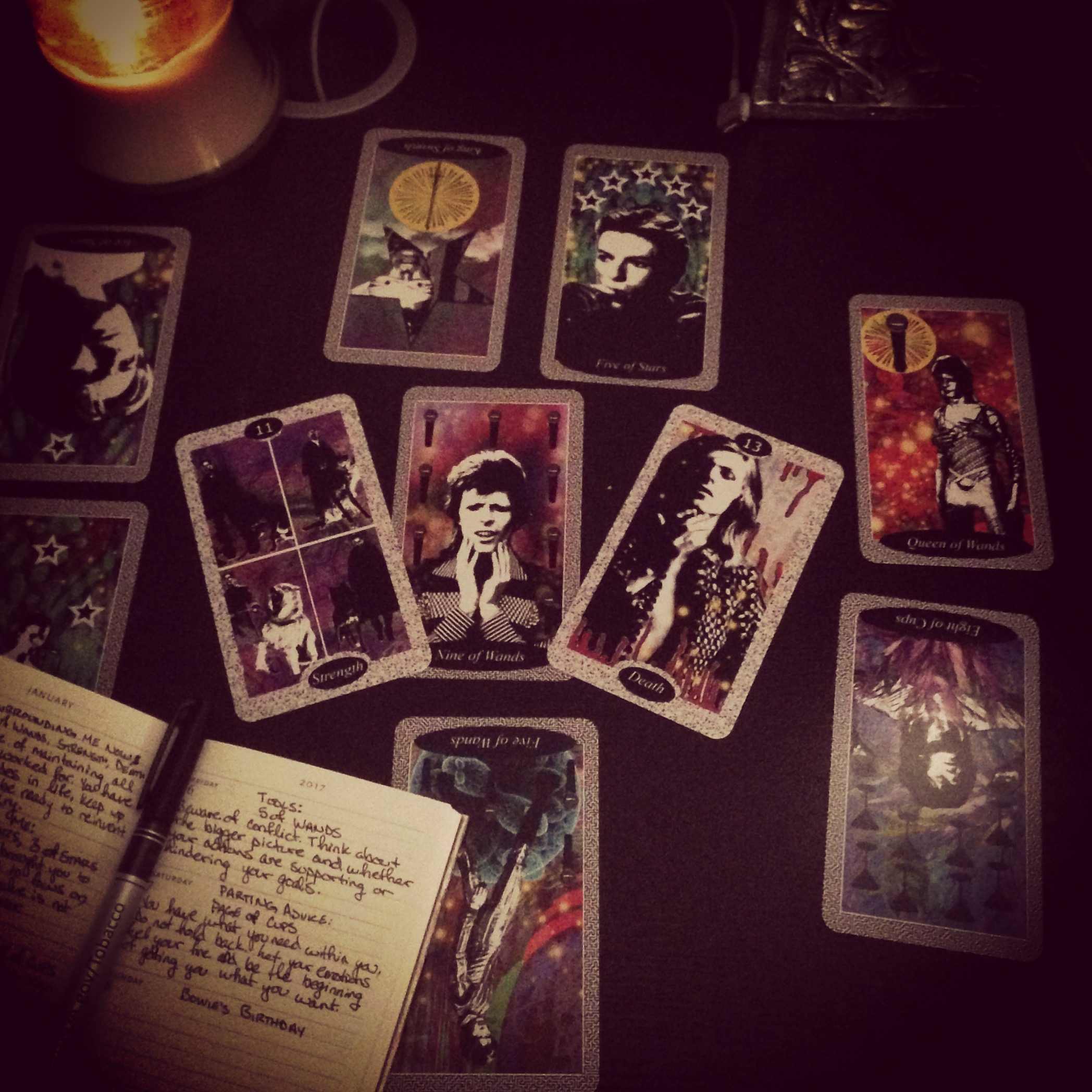 My new year's tarot spread today, with my Bowie deck. The death card came up today, as it has every year at the start of the year. Big ch-ch-ch-changes ahead!