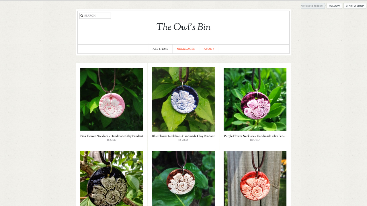 The Owls Bin (Howell, Monmouth County) Nature-inspired handmade necklaces. Shop online. 