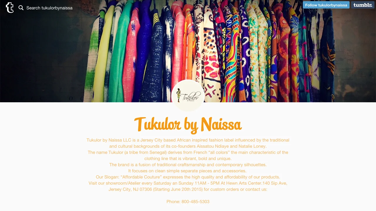 Tukulor (Jersey City, Hudson County) Handmade African-inspired clothing and accessories. Shop at 140 Sip Avenue, Hewn Arts Center. 