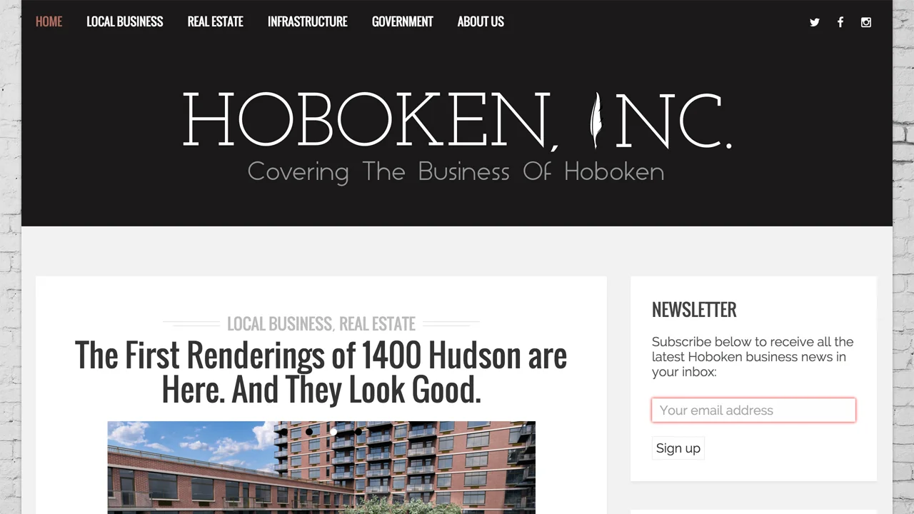 Hoboken, Inc. (Hoboken, Hudson County) " We are an apolitical blog covering the various aspects of business that affect the city of Hoboken and its residents. Our aim is to deliver a high standard of coverage with regards to local business, real estate, infrastructure, government and intersecting topics."