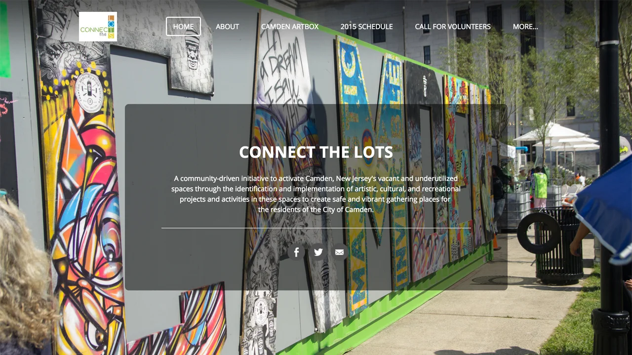 Connect the Lots (Camden, Camden County) "A community-driven initiative to activate Camden, New Jersey's vacant and underutilized spaces through the identification and implementation of artistic, cultural, and recreational projects and activities in these spaces to create safe and vibrant gathering places for the residents of the City of Camden."