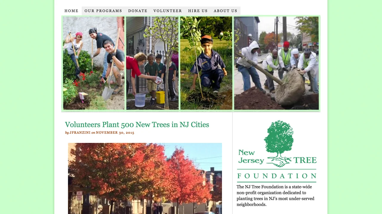 NJ Tree Foundation (Newark | Essex County & Camden | Camden County) Programs: Urban Airshed Reforestation Program | Renaissance Trees Program | Green Streets Program | Grove of Remembrance | TreeKeepers