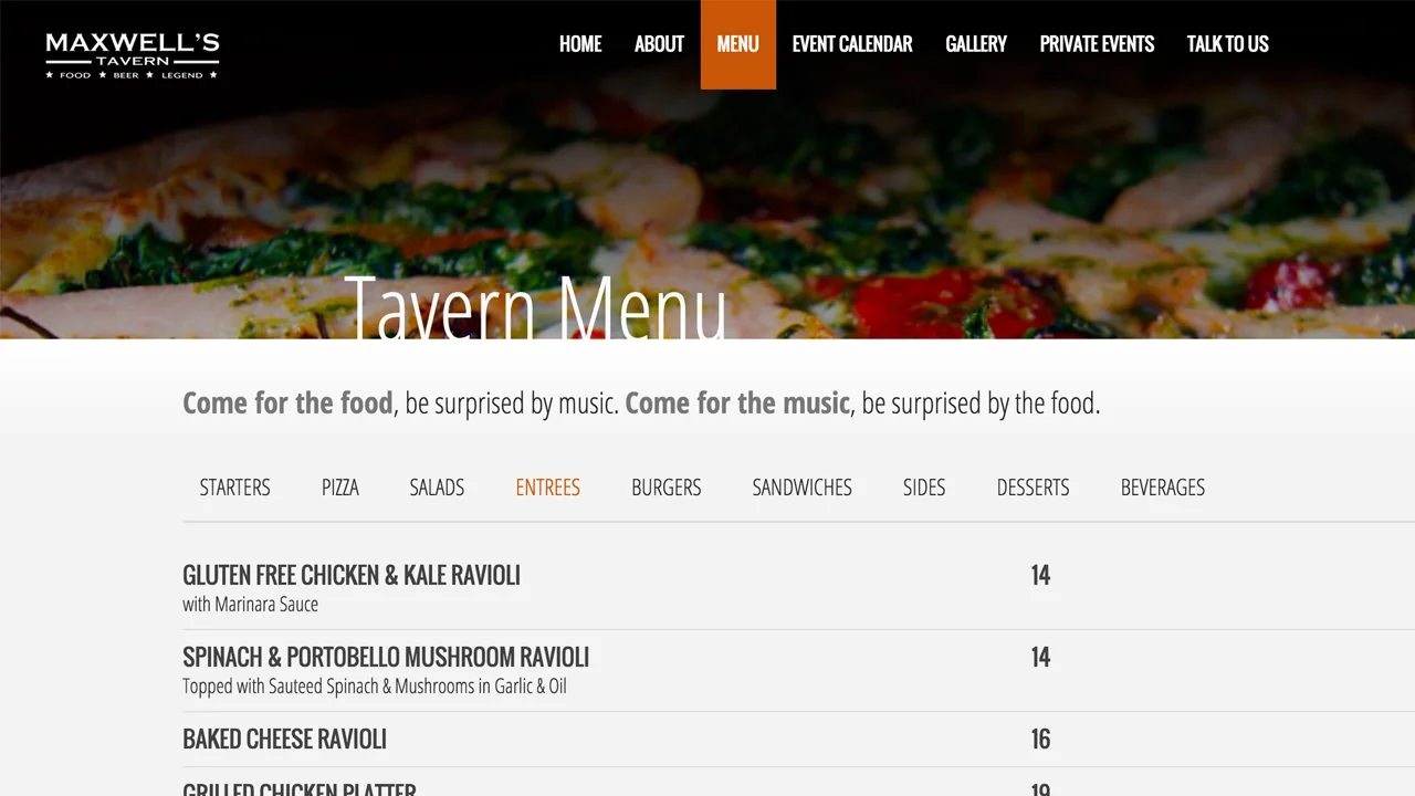 Maxwell's Tavern (Hoboken, Hudson County) Soups, salads, wings, nachos, pizza, burgers, sandwiches, pasta, meat / seafood / vegetarian dishes. Cake. Over 40 different beers, wine. Brunch, eggs, chicken and waffles, brunch cocktails. Located at 1039 Washington St.