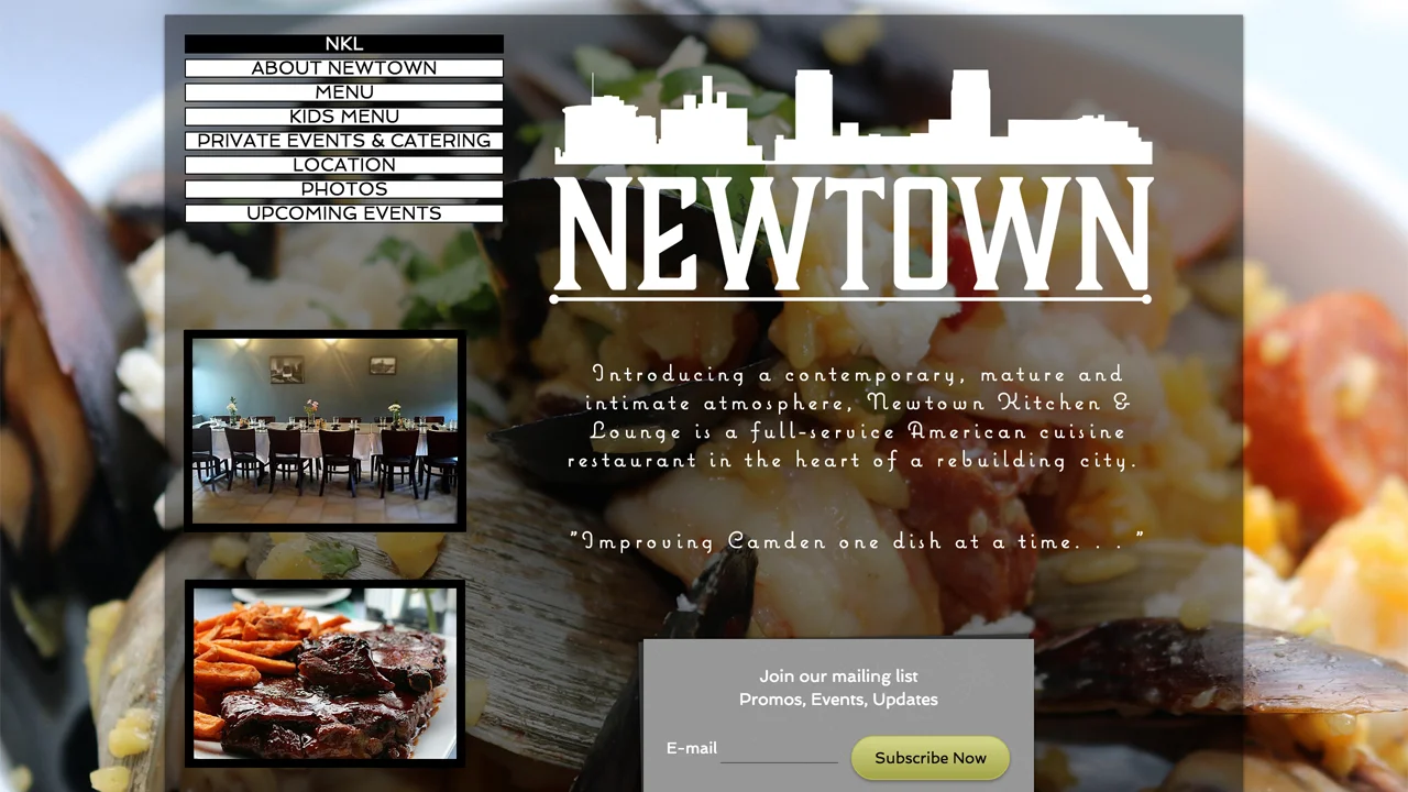 Newtown Kitchen & Lounge (Camden, Camden County) New American cuisine. Meat, seafood, and vegetarian options, including soups, salads, sandwiches, burgers, pasta, chicken and waffles, fish and chips, avocado crab cakes, paella, baby back ribs, flat breads, and more. Located at 516 Dr. Martin Luther King Blvd.