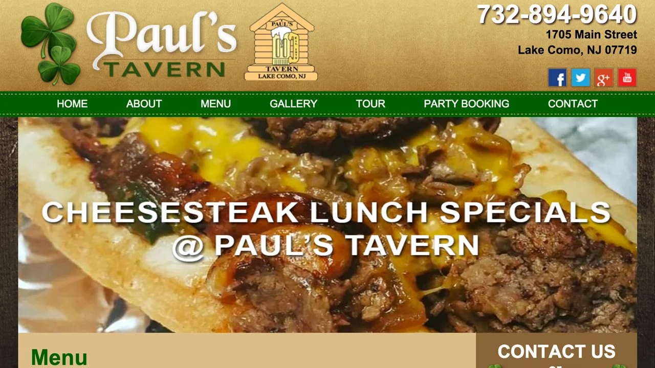 Paul's Tavern (Lake Como, Monmouth County) Irish Pub & bar. Steak, 1/2 lb burgers, pizzas, salads, wings, and more. Located at 1705 Main Street. 