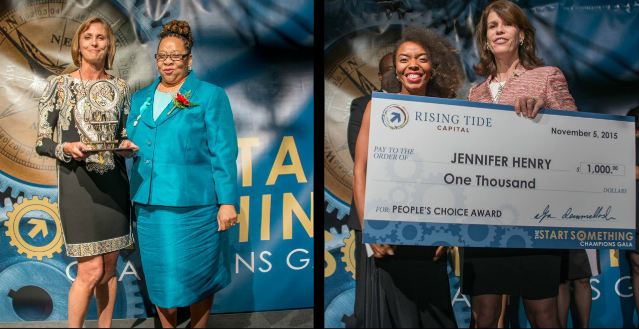 (Left) Angela Huggins presents 2015 Entrepreneurial Award for Philanthropy to Sheri Sobrato Brisson of the Sobrato Family Fund. Award by Jerome China. (Right) 2015 People's Choice Award Winner Jennifer Henry, Founder of HillPoint Preparatory School.
