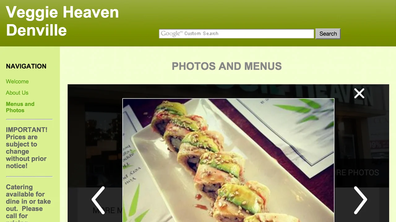 Veggie Heaven (Denville, Morris County) Vegetarian Asian cuisine. Homemade teas, smoothies, bubble tea, soups, salads, sushi, sashimi, rolls, dumplings, tempura, burgers, a variety of imitation meat dishes, fried rice, noodles, vegan desserts, homemade vegan cakes, gluten-free options, and more. Located at 57 Bloomfield Ave. 