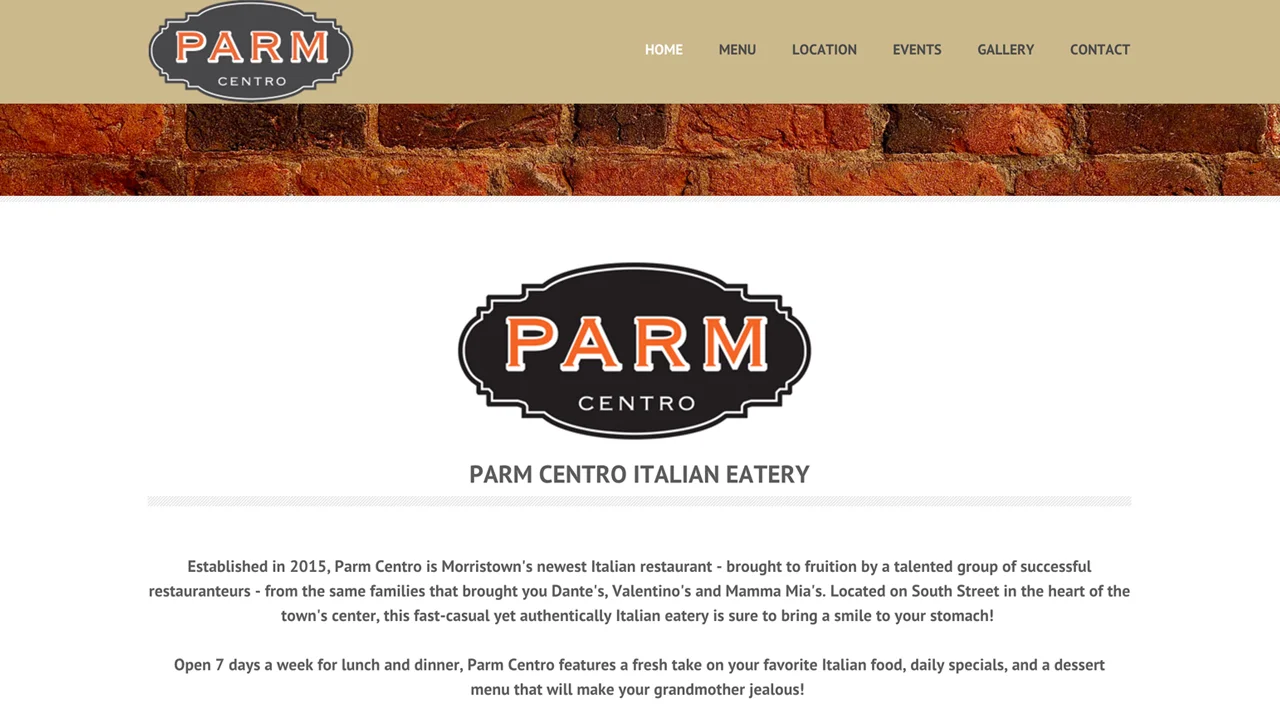 Parm Centro (Morristown, Morris County) Italian cuisine. Meat and seafood dishes, paninis, pizza, calzones, pastas, desserts, and more. Located at 11 South Street.