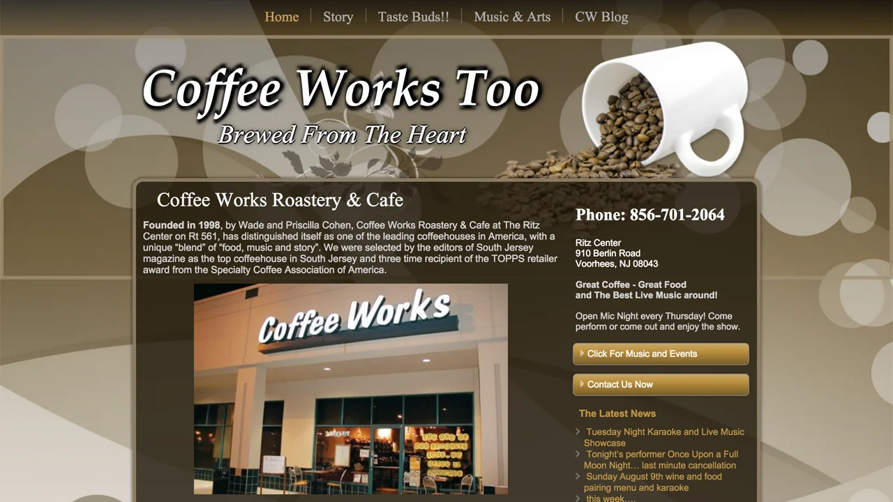 Coffee Works Too (Voorhees, Camden County) American-style cafe. Serves breakfast, lunch, dinner, and late night snacks. Menu items include breakfast all day, sandwiches, wraps, paninis, quesadillas, burritos, salads, gluten-free entrees, and more. Hot and cold specialty drinks. Located at Ritz Center, 910 Berlin Road. 