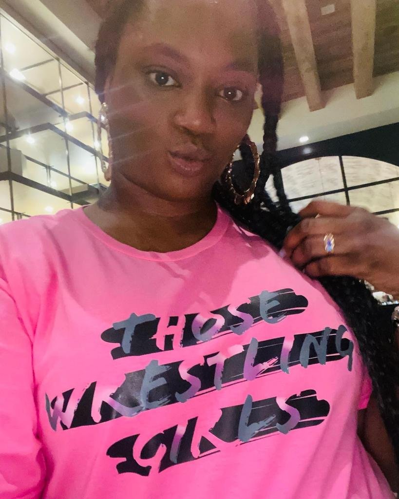Those Wrestling Girls pink tshirt metch modeled by Patricia Rogers.jpg