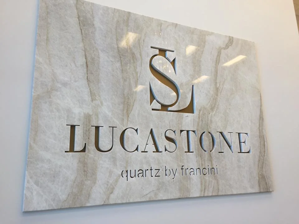   Logo beautifully carved in stone at Francini showroom  