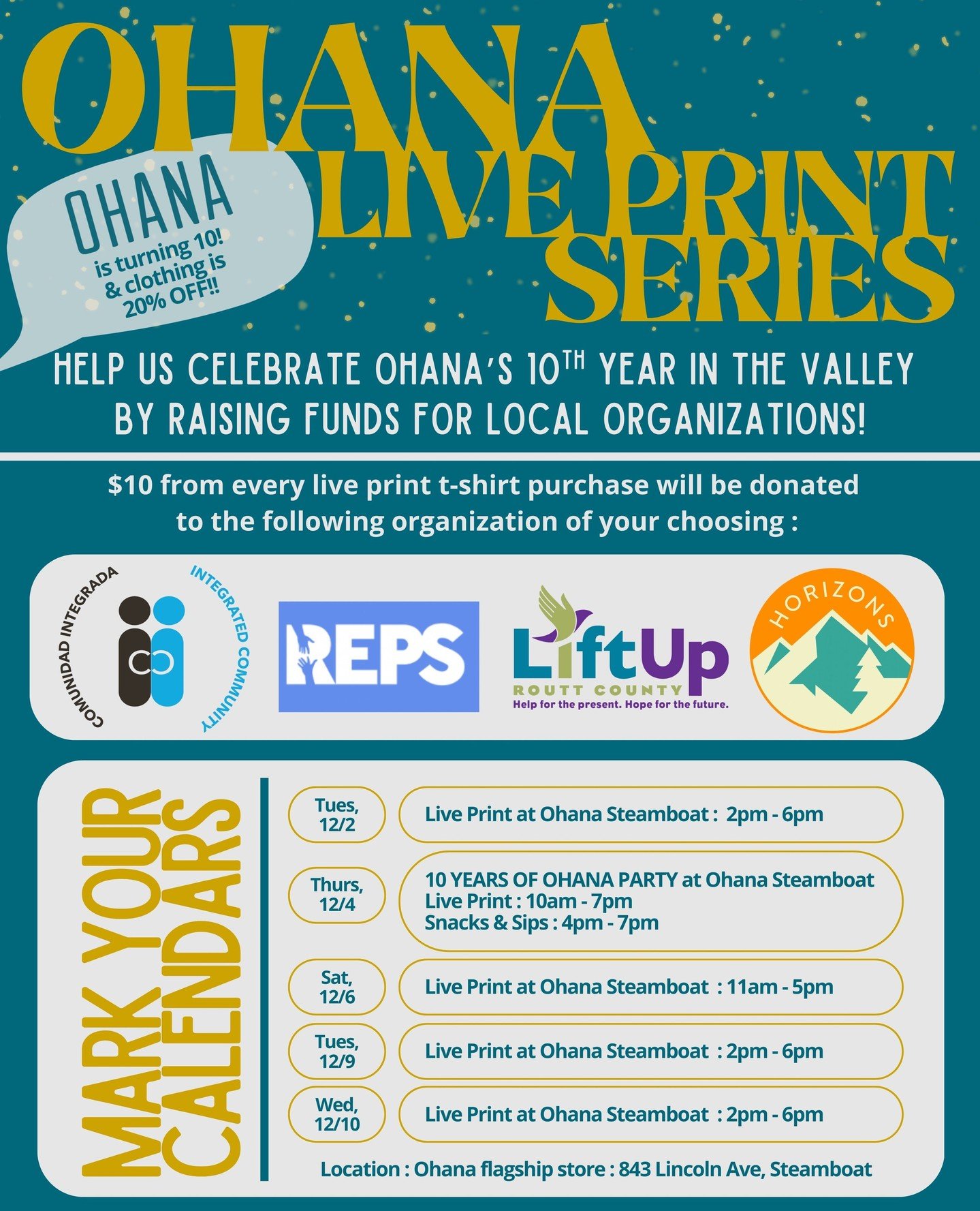 It's December!! Our Anniversary is here ✨️ We want to celebrate with you AND give back to our community that has given us so much! ⁠
⁠
We will be live printing in the Steamboat shop all week to raise money for some of our favorite local nonprofits! ⁠