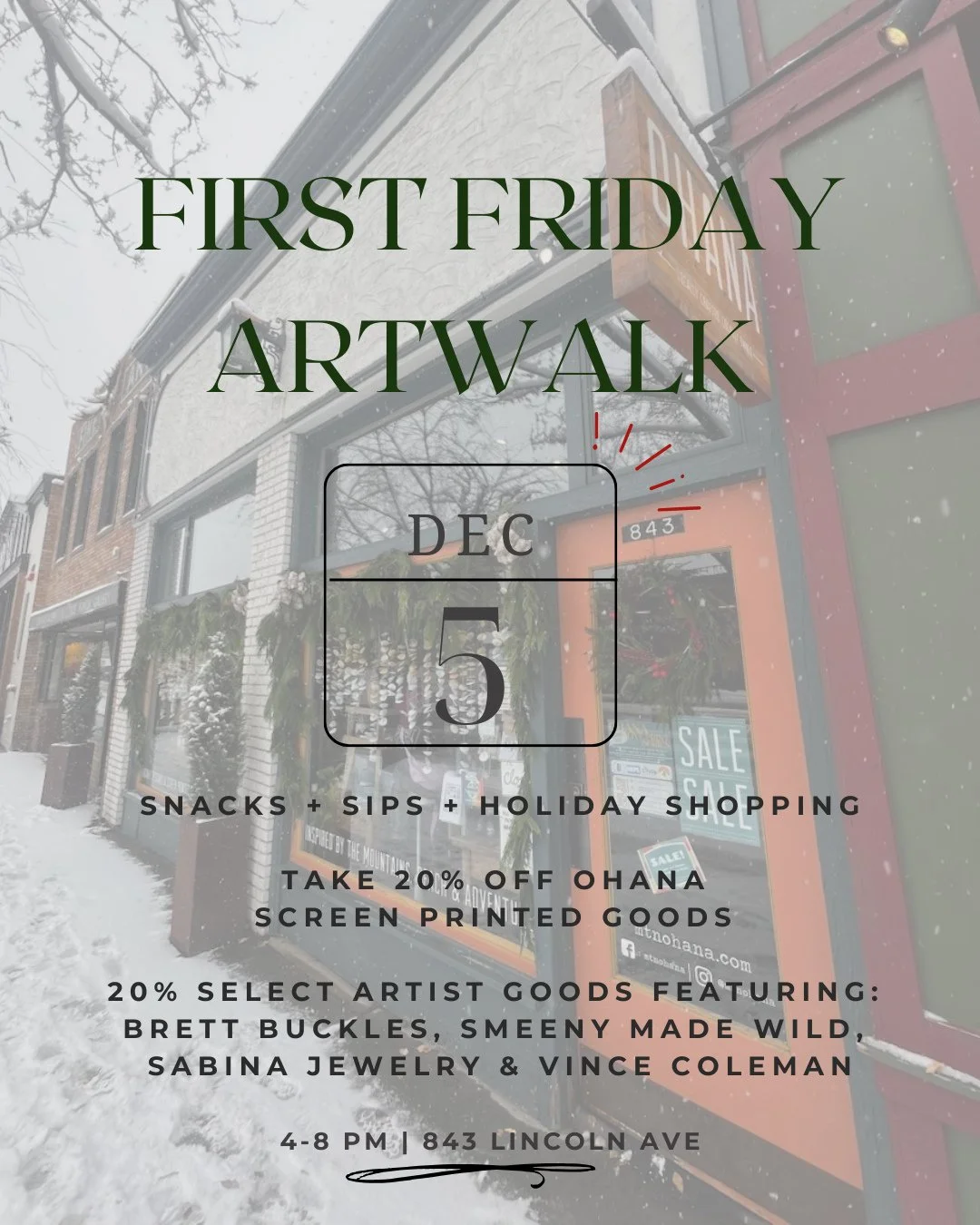 the celebrations continue &mdash; pop in the shop this evening for a festive First Friday event! ❄️

Our anniversary sale continues with 20% off all Ohana screen printed items &amp; from 4-8PM take 20% off select artist goods! 

We are excited to hig