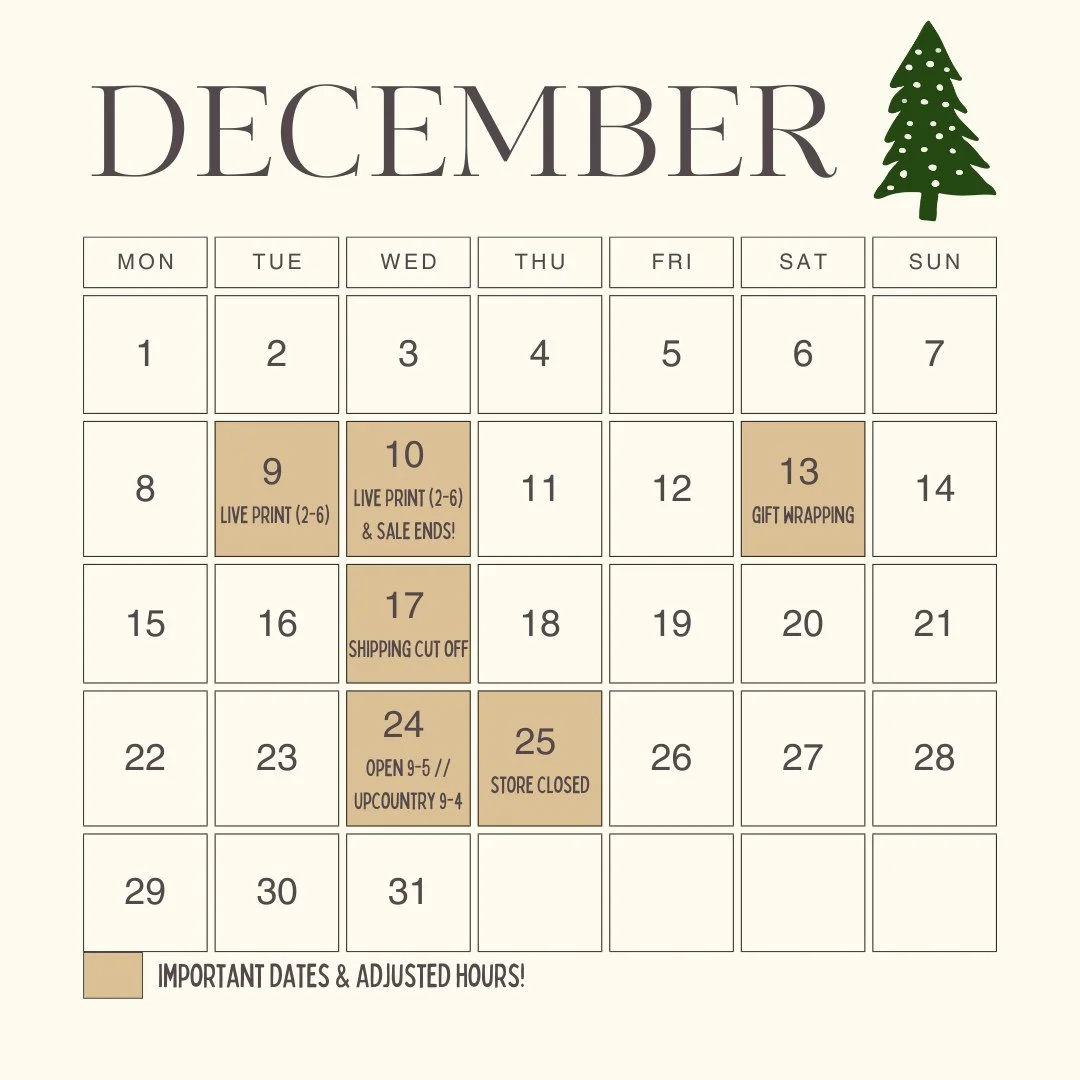 One week into December already?! 🎄❄️ Time is flying and holiday gift shopping season is in full swing! ⁠
⁠
To make the month even merrier, we still have live prints, gift wrapping, and more coming up. Take note of these important dates and adjusted 