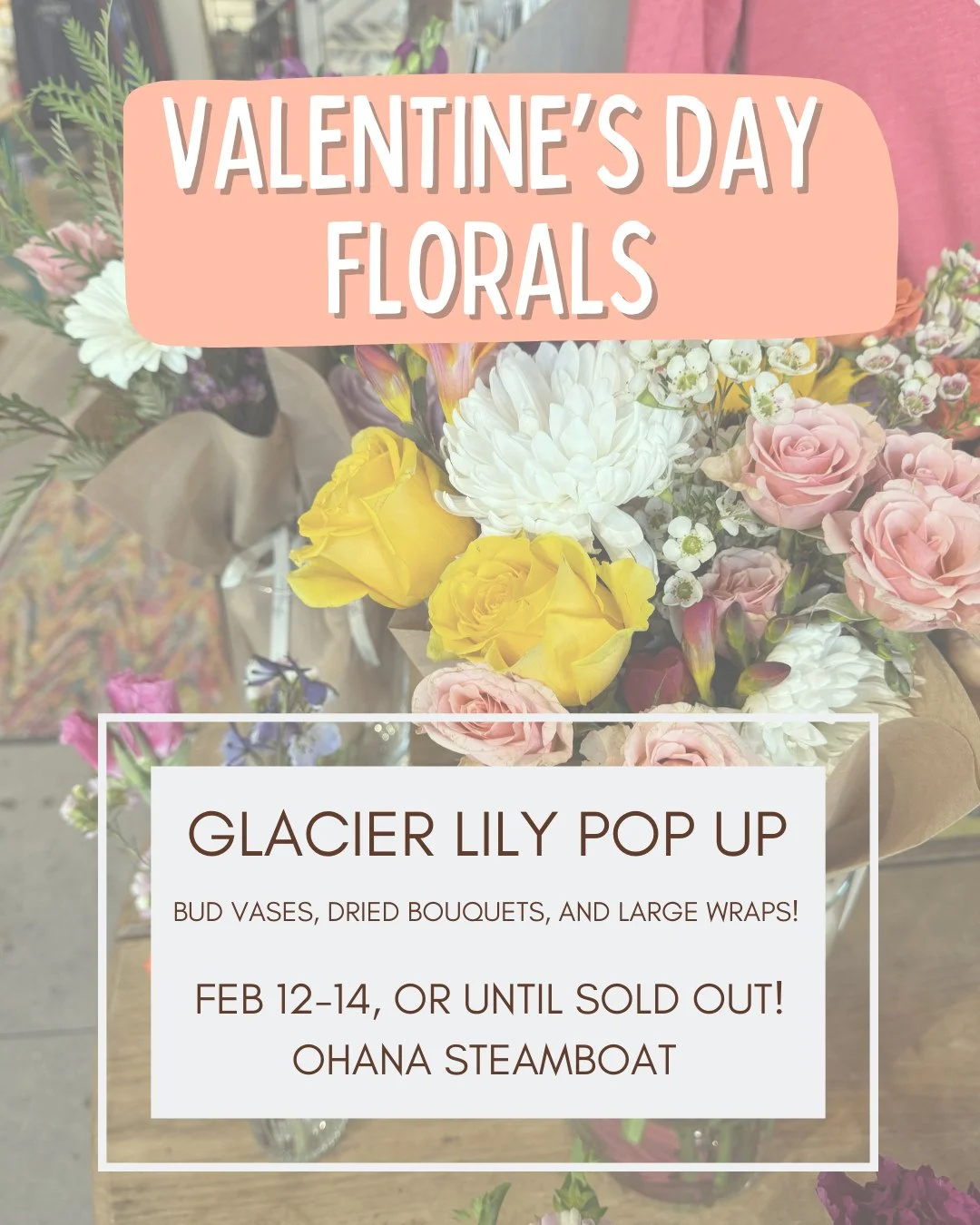 Our Valentine's Day Florals pop up is back TODAY, Feb. 12th through the 14th, or until sold out! 💐 ⁠
⁠
⁠We'll have @theglacierlily bud vases, dried bouquets, and large wraps for your choosing during store hours at Ohana Steamboat. ⁠
⁠
Stop in and sm