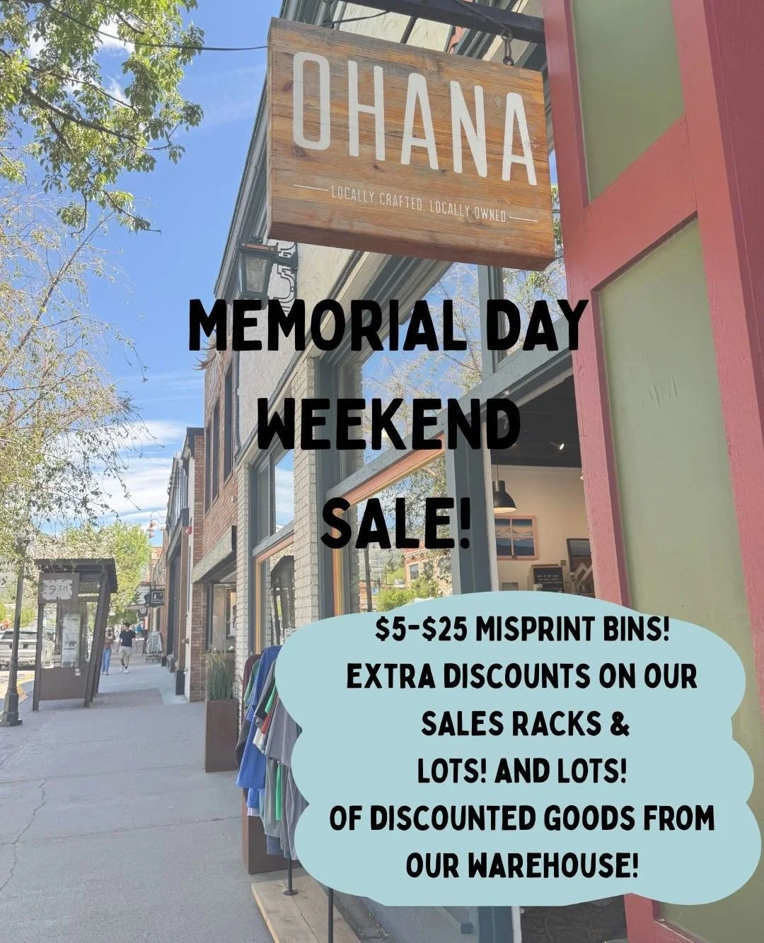 We're kicking off Summer with a Memorial Day Weekend Sidewalk Sale ✨ // our Steamboat and Breck shops will have bins of misprinted items ($5-$25!), our sales racks are full &amp; we will have lots of discounted items from our warehouse &mdash; stop b