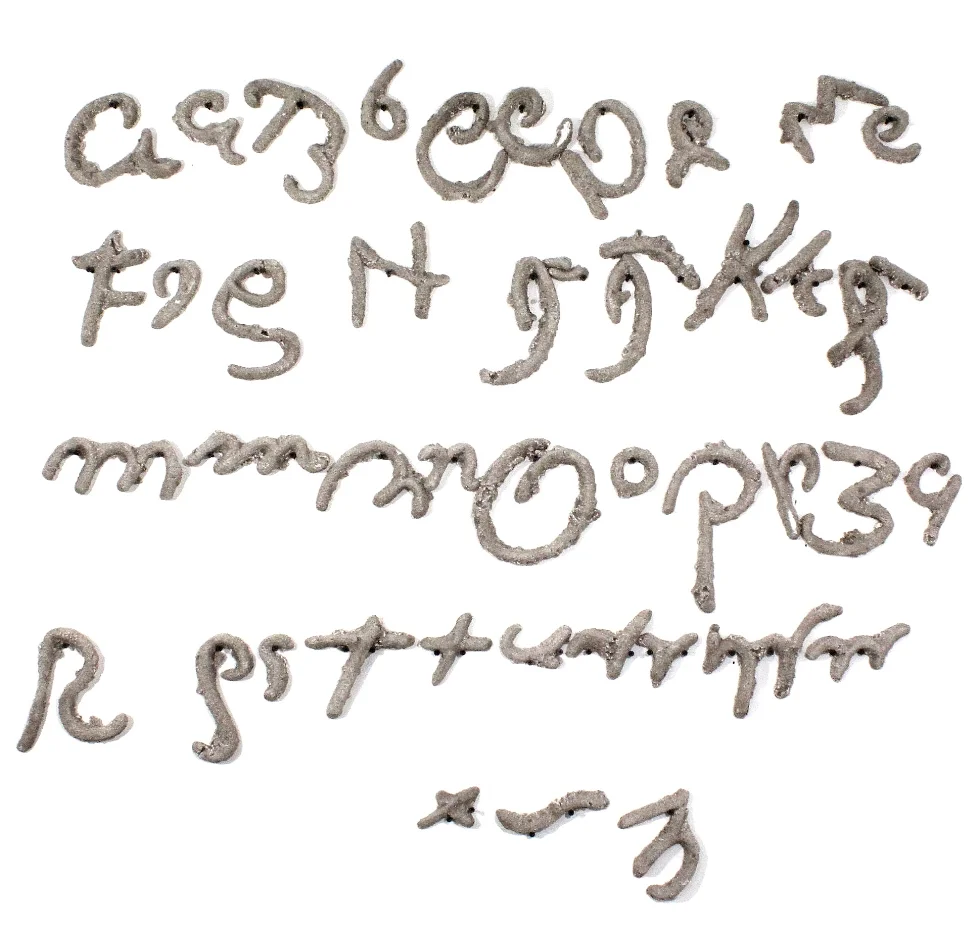 Sand Alphabet of Emily Dickinson’s Handwriting, 2016, plaster, sand, nails, installed dimensions: 7 x 7 feet