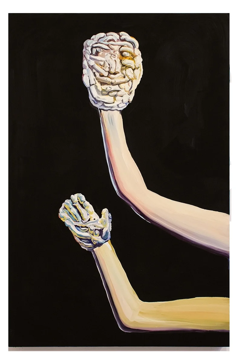 Arm in Arm, 2016, oil and TV black set paint on panel, 36 x 24 inches