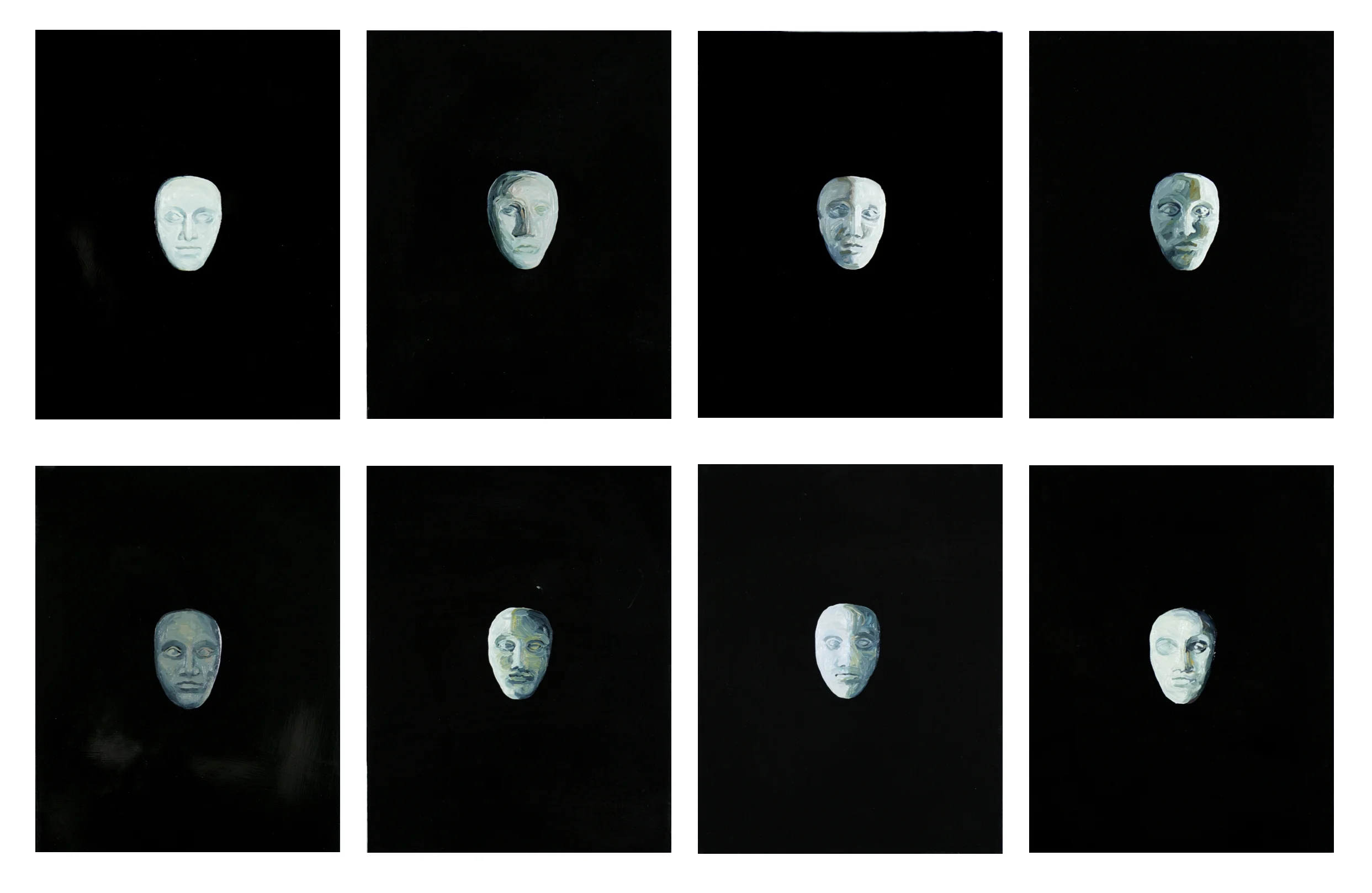 Phases I-VIII, 2018, oil and TV black set paint on panel, 14 x 11 inches each