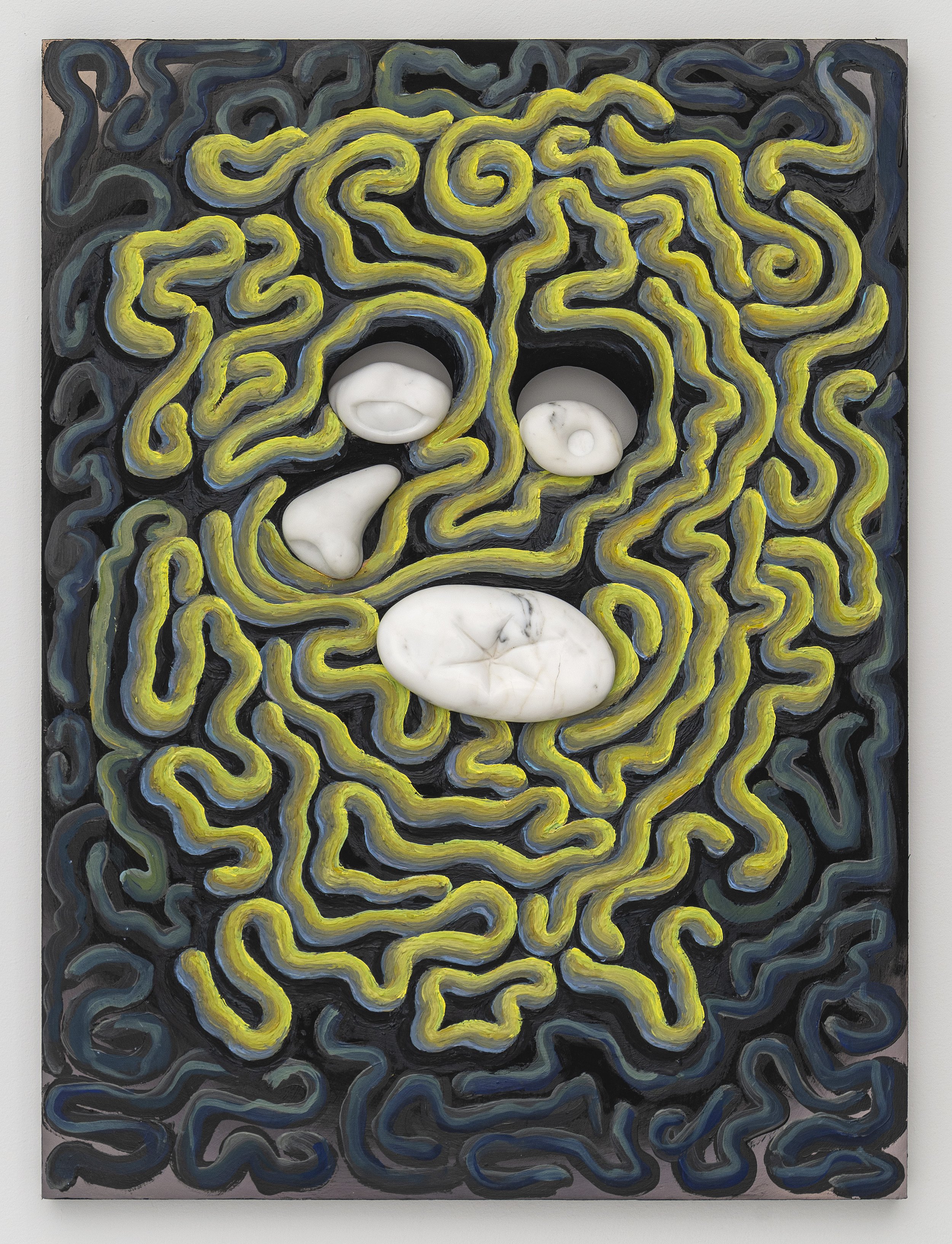   Forbidden Mother , 2022, Oil and Acrylic with Marble on Panel, 24 x 18 x 3 inches 