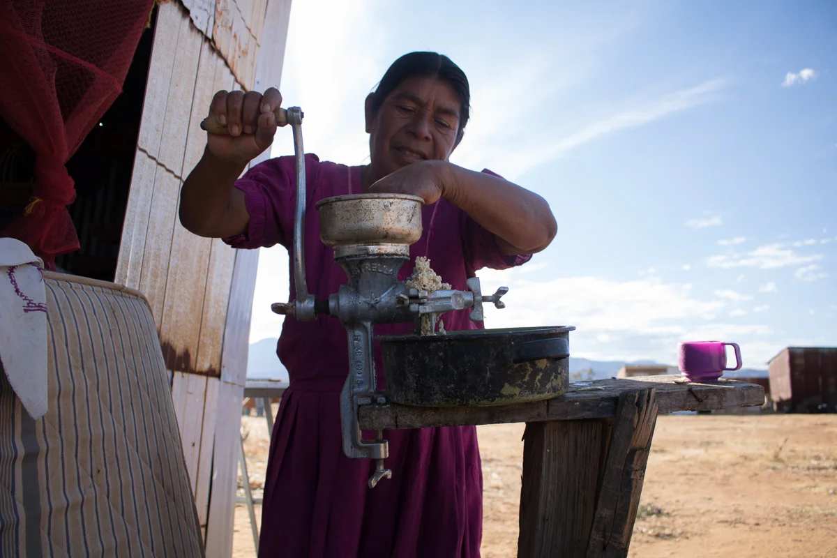 Auria Vargas, 63, grinds corn to feed the family’s chickens in Zaachila, Mexico on Friday, Jan. 13, 2017.