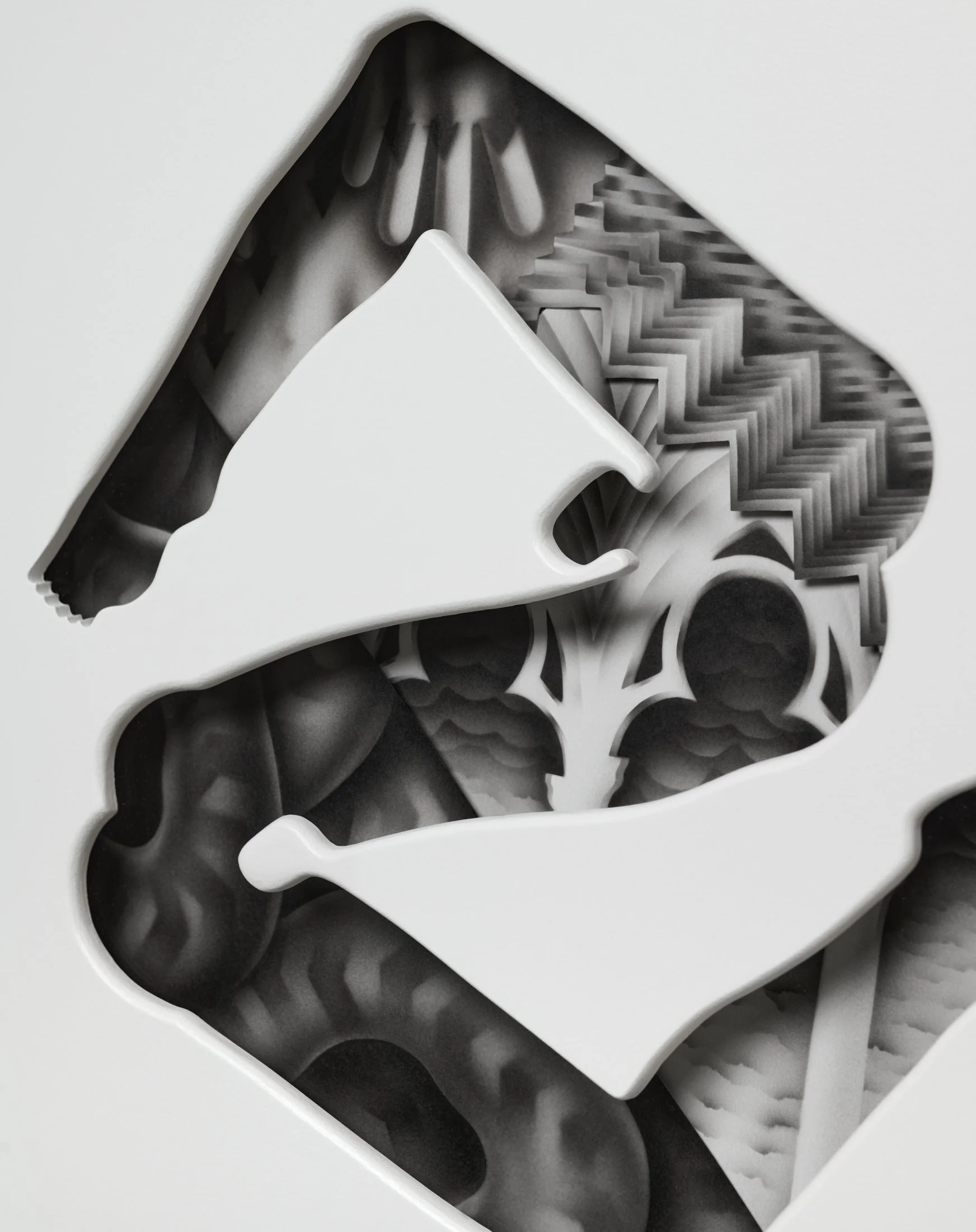  detail, The Runner, 2025  24” x 19” x 1.5”  Acrylic, Wood, Paper, Museum Glass 