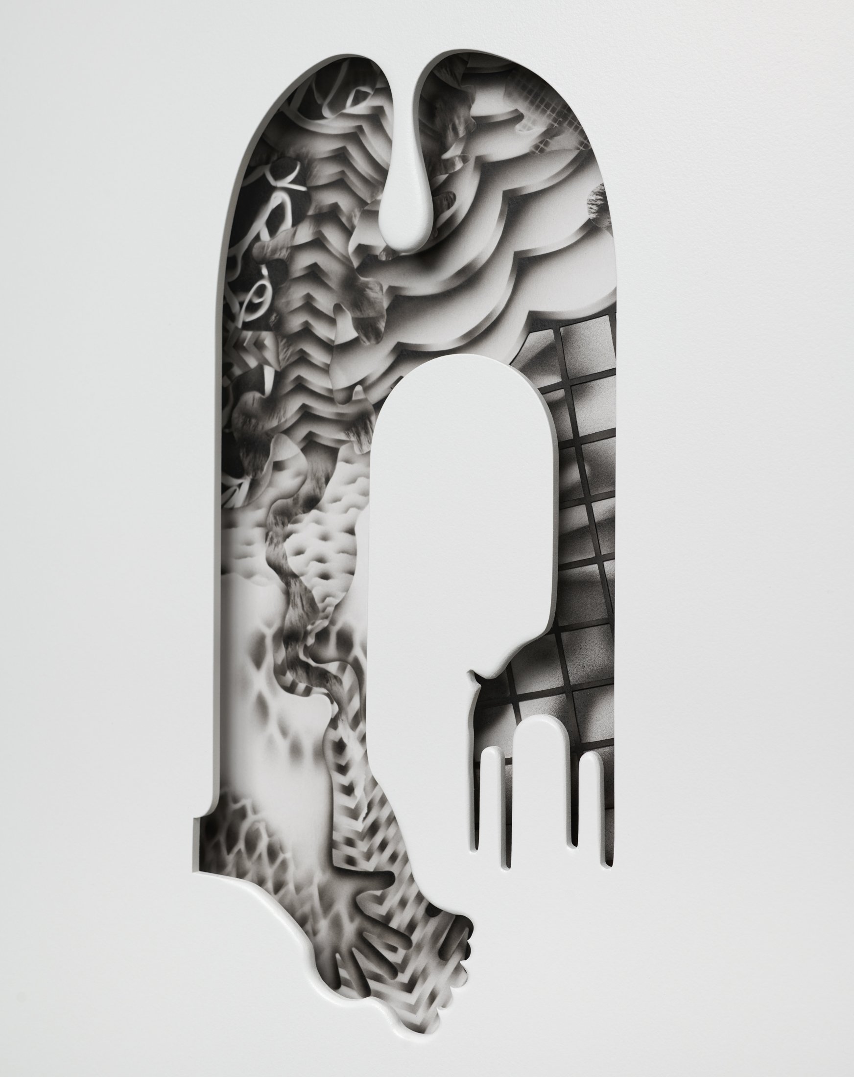  detail, The Garden , 2025  24” x 19” x 1.5”  Acrylic, Wood, Paper, Museum Glass 