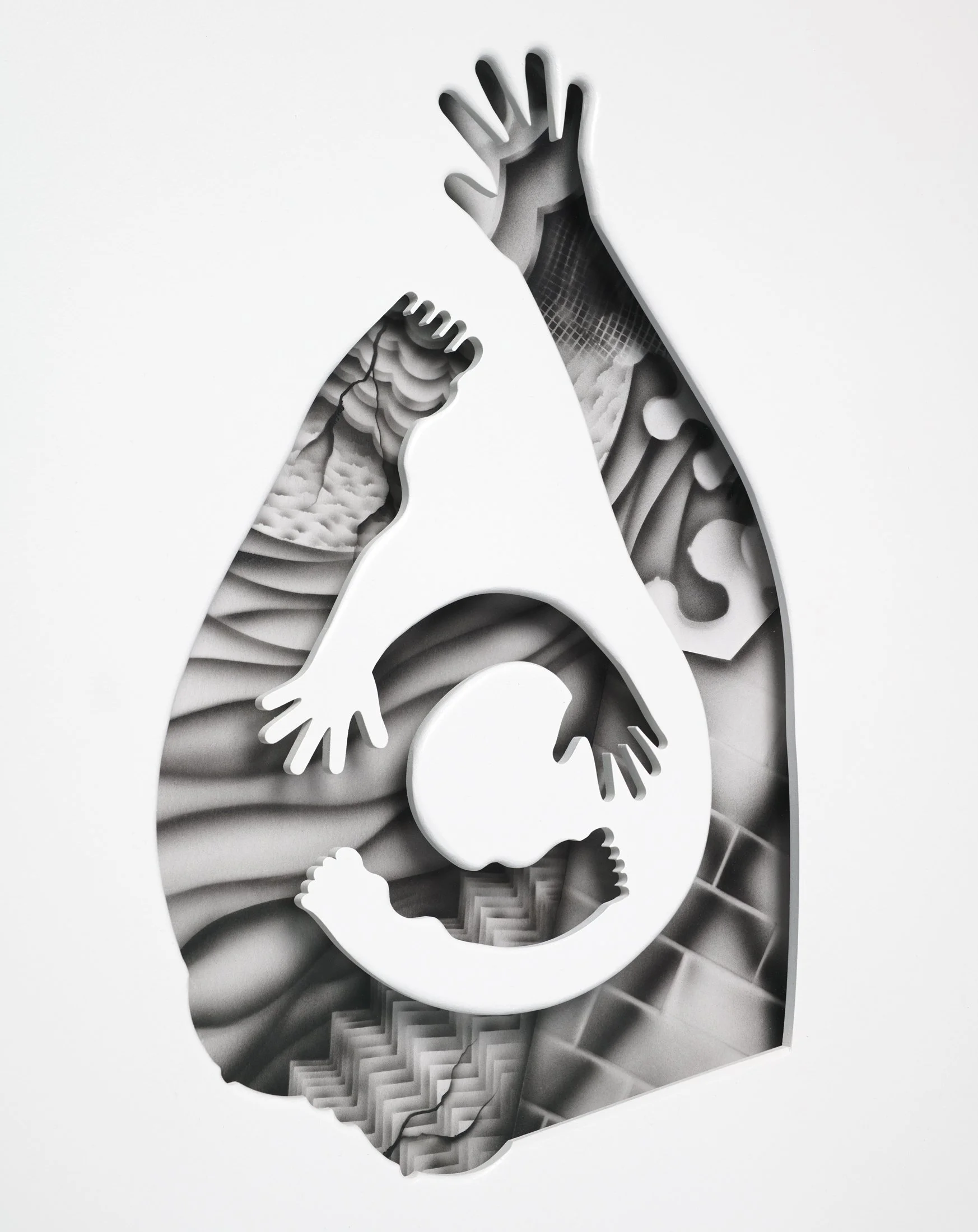  detail, The Fury, 2025  24” x 19” x 1.5”  Acrylic, Wood, Paper, Museum Glass 