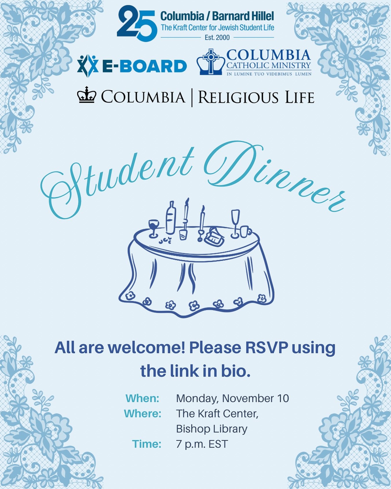Join us on November 10th for a CCM x Hillel Student Dinner! All are welcome - please sign up using the link in our bio.