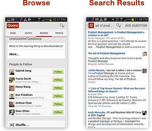 Quora Android UI for Browse and Search Results; 2014.