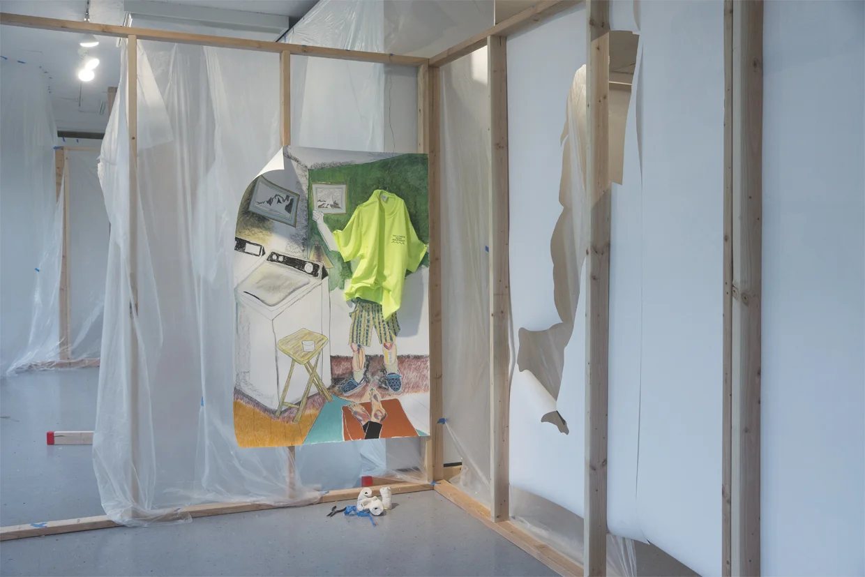 Suerte Pastel, charcoal, pencil, pen on paper installed with lumber, painters plastic, painters tape and ceramic beer cans 2017