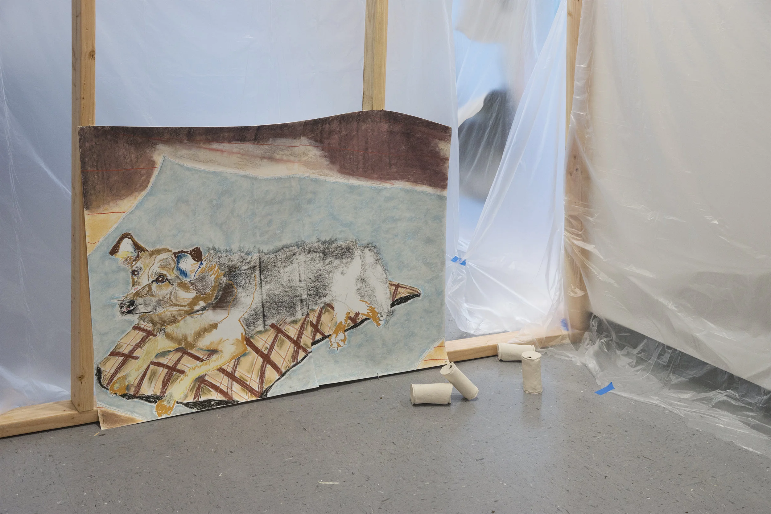 That’s Not My Name (Detail View) 2017 Pastel, charcoal, pen, pencil on paper with 2x4’s, painter’s plastic and painter’s tape and ceramic beer cans Dimensions variable