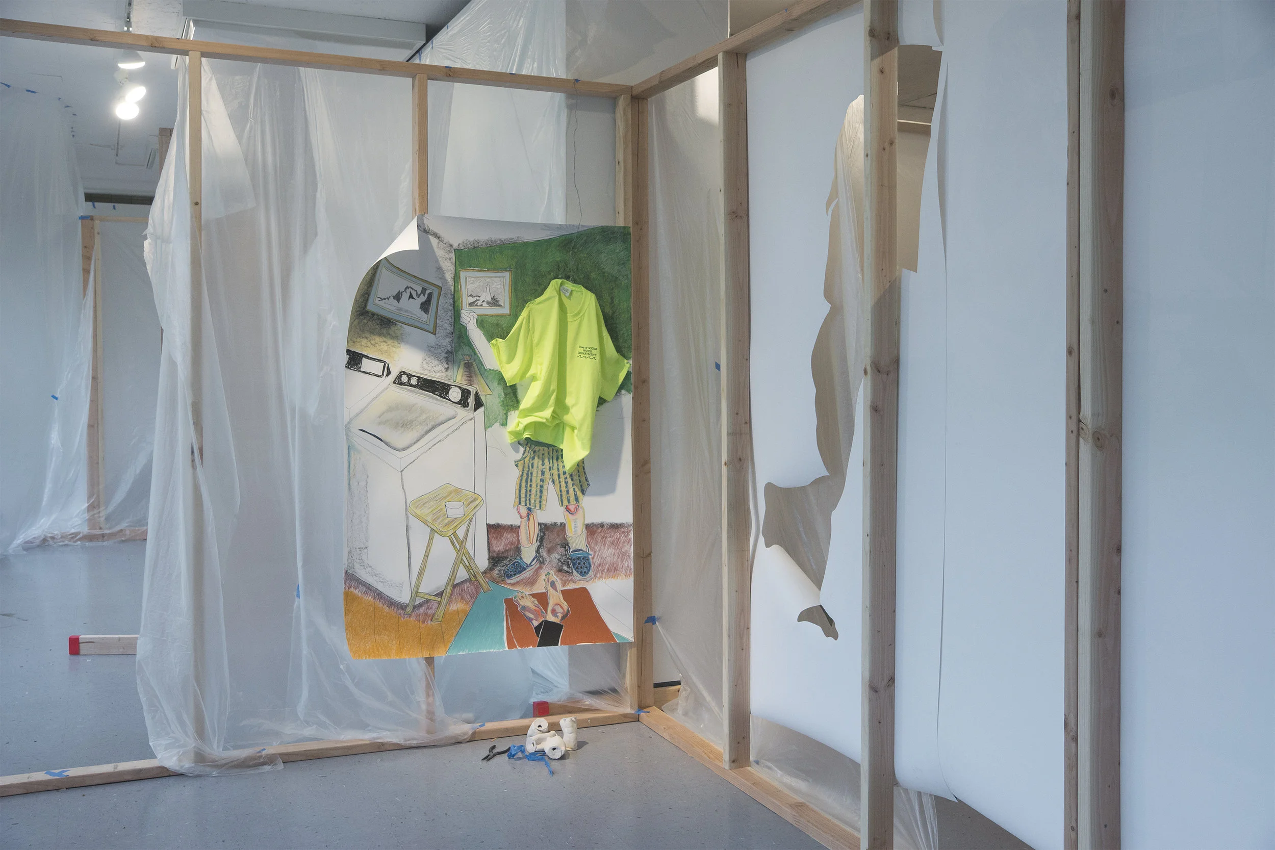 Suerte 2017 Pastel, charcoal, pen, pencil on paper with 2x4’s, painter’s plastic and painter’s tape, t-shirt and ceramic beer cans Dimensions variable