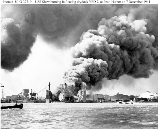 USS SHAW BURNING IN FLOATING DRYDOCK