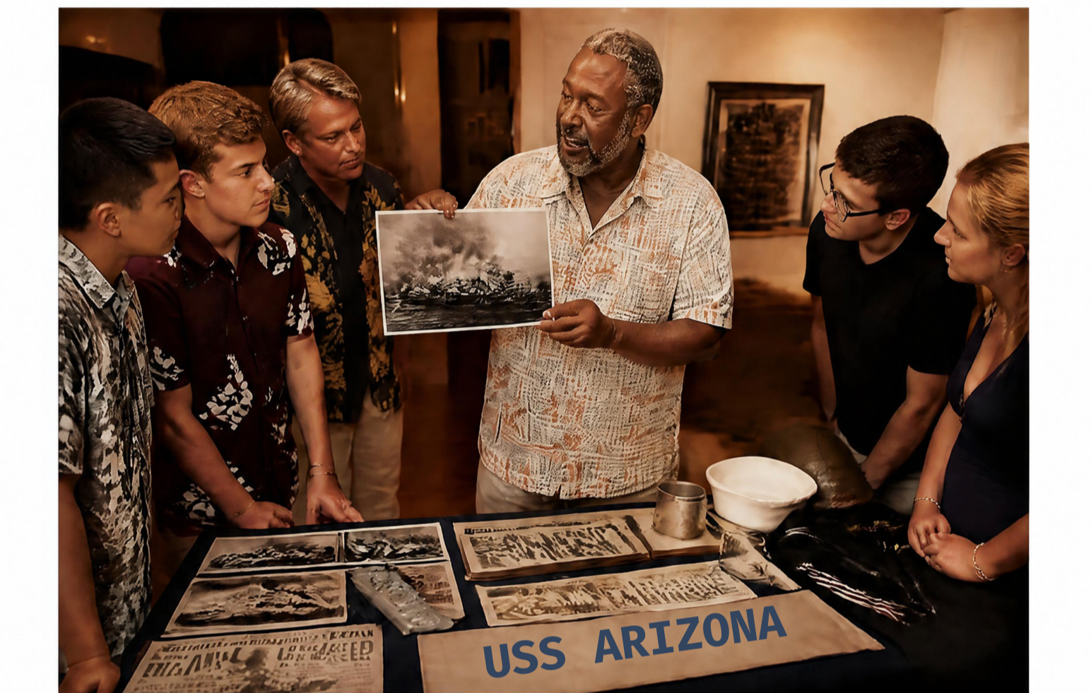 AI generated photo of Bryant Neal, gathered around a table with photographs and memorabilia related to the USS Arizona, he shows a black and white photo of a sinking ship.