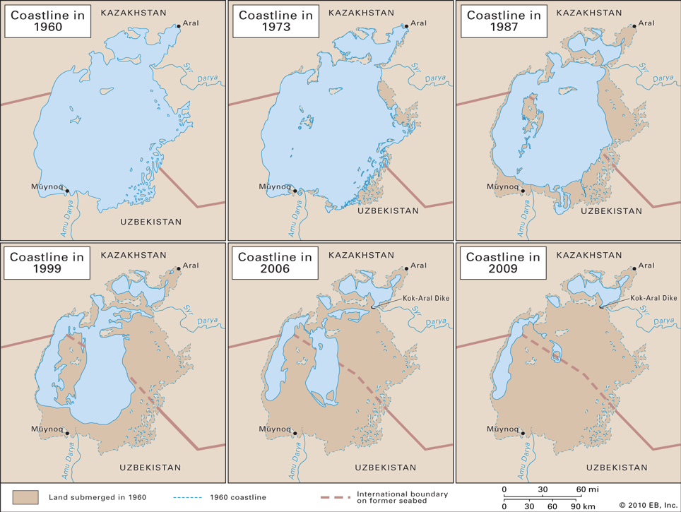 Figure 2. The Aral Sea Disaster (Retrieved from: https://www.britannica.com/place/Aral-Sea ).