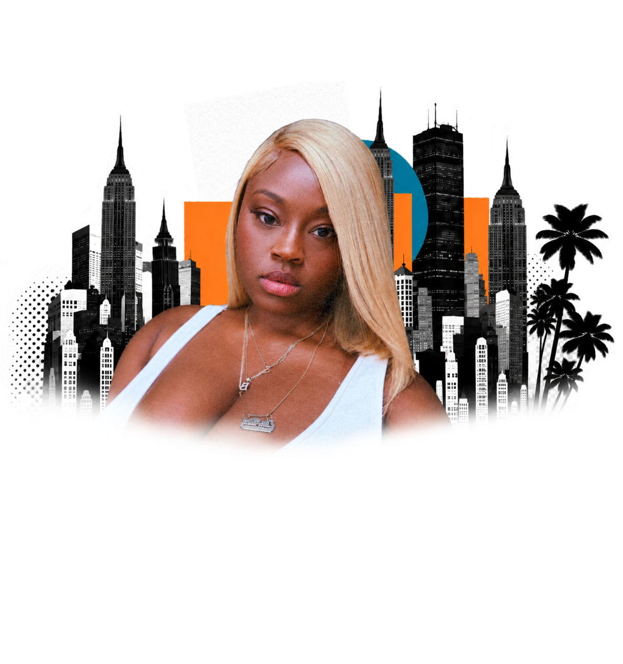 Elle Branded founder portrait with New York and Los Angeles inspired cityscape collage