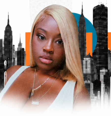 Elle Branded founder portrait with New York and Los Angeles inspired cityscape collage