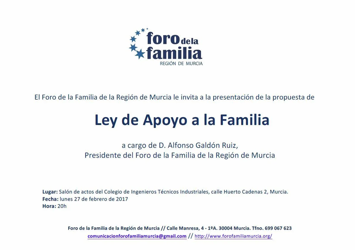 Invitación al Acto de Presentación de la propuesta de Ley de Apoyo a la Familia.