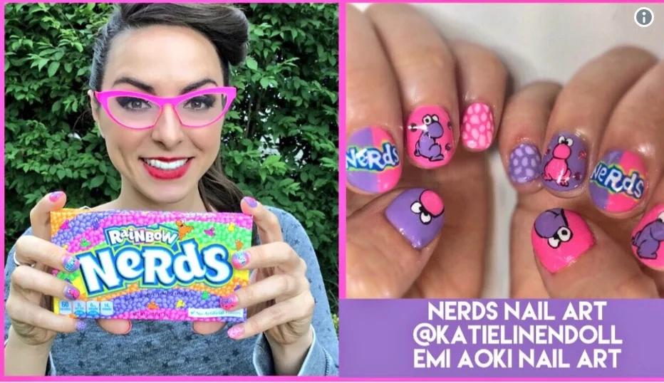 @KatieLinendoll: I 💖 Nerds candy (and well all kinds of nerds🤓) so naturally @blaubaum83 handpainted them on my nails! 😝💅🏻