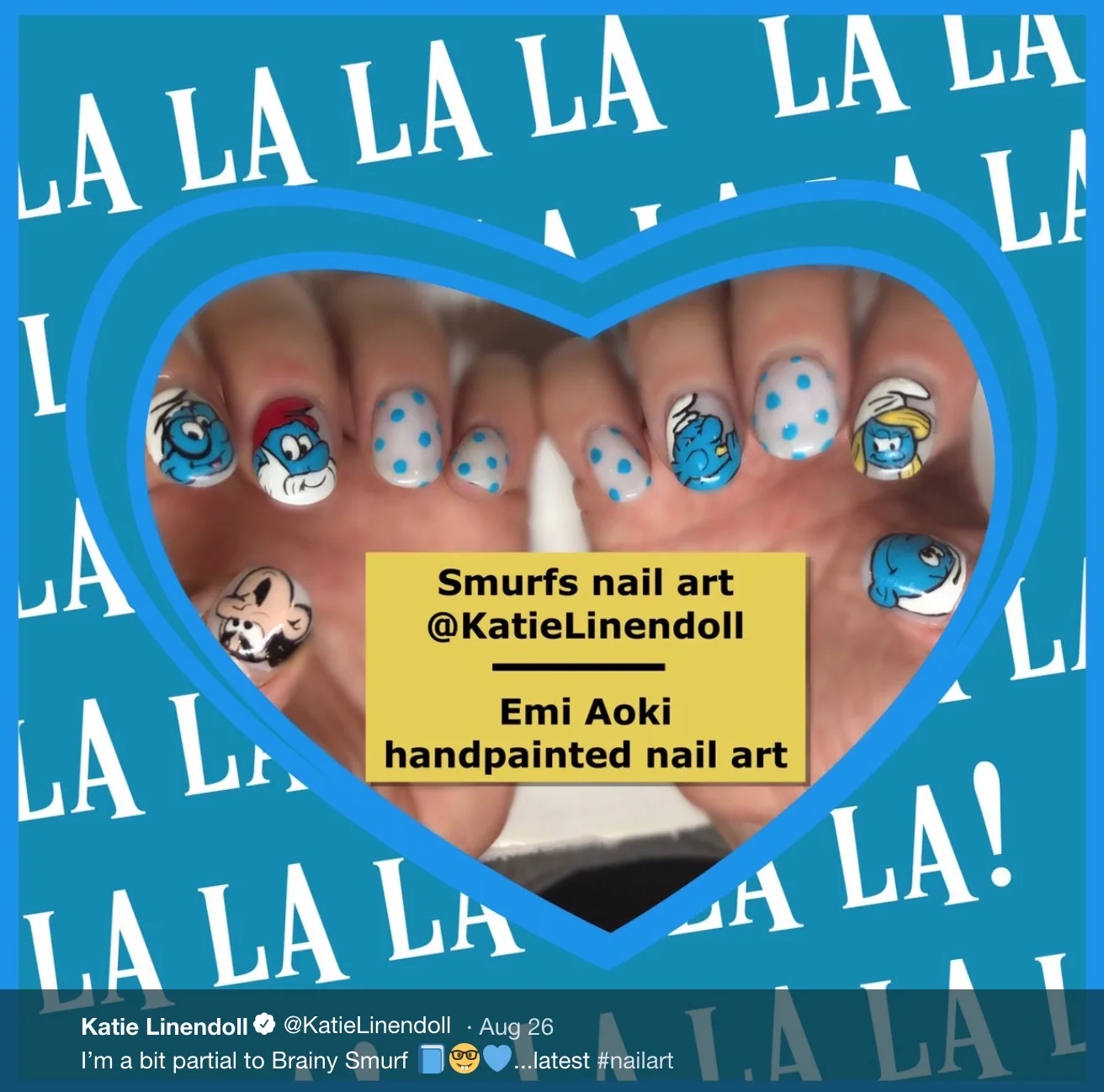 @KatieLinendoll: I’m a bit partial to Brainy Smurf 📘🤓💙...latest #nailart