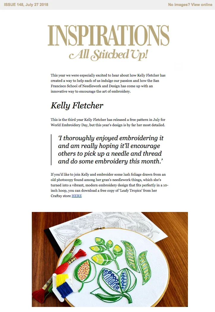Free World Embroidery Day pattern in All Stitched Up – Inspirations magazine newsletter, July 2018 (Australia)
