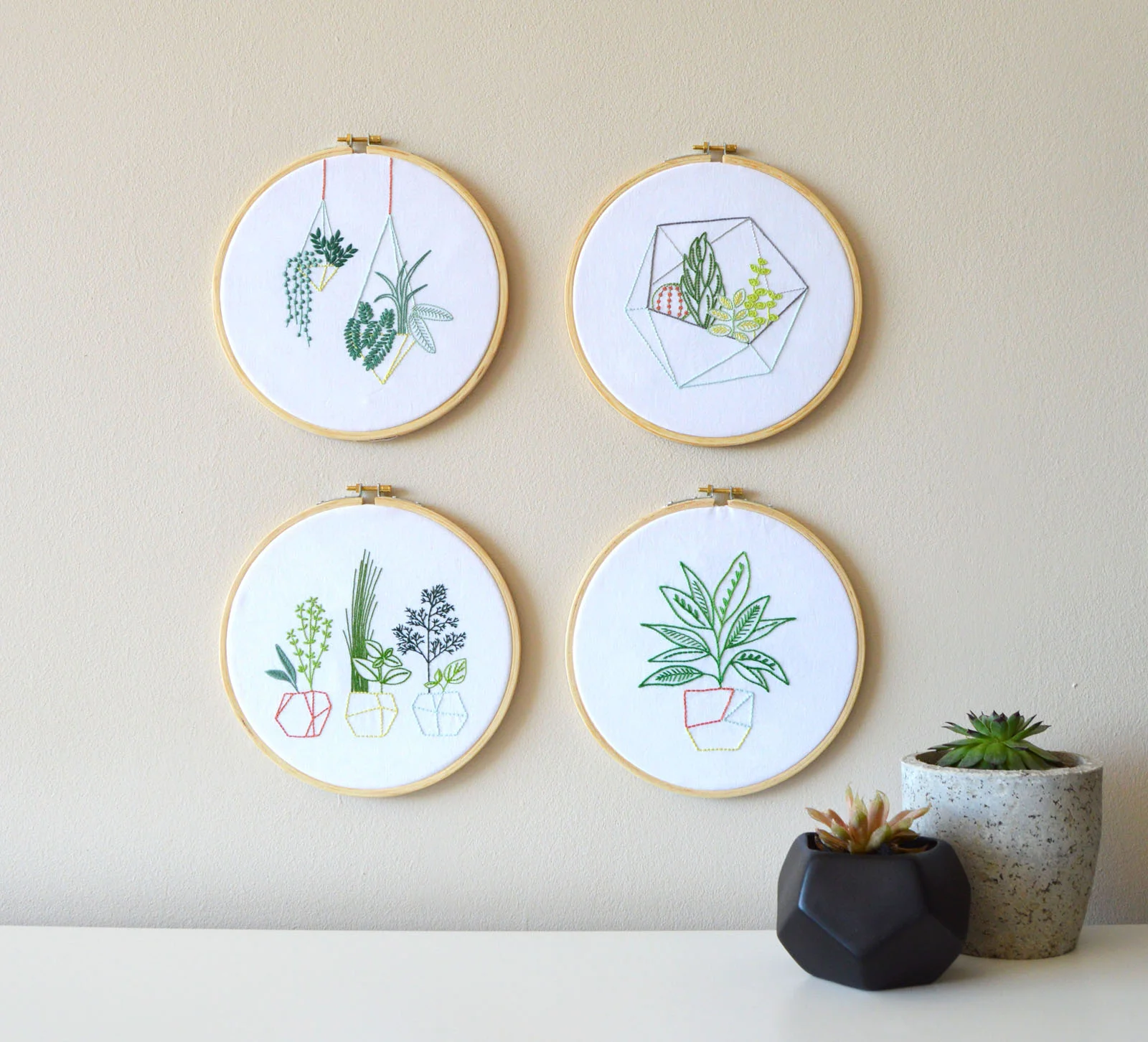 Botanical hoop art, four embroidered house plants — Kelly Fletcher