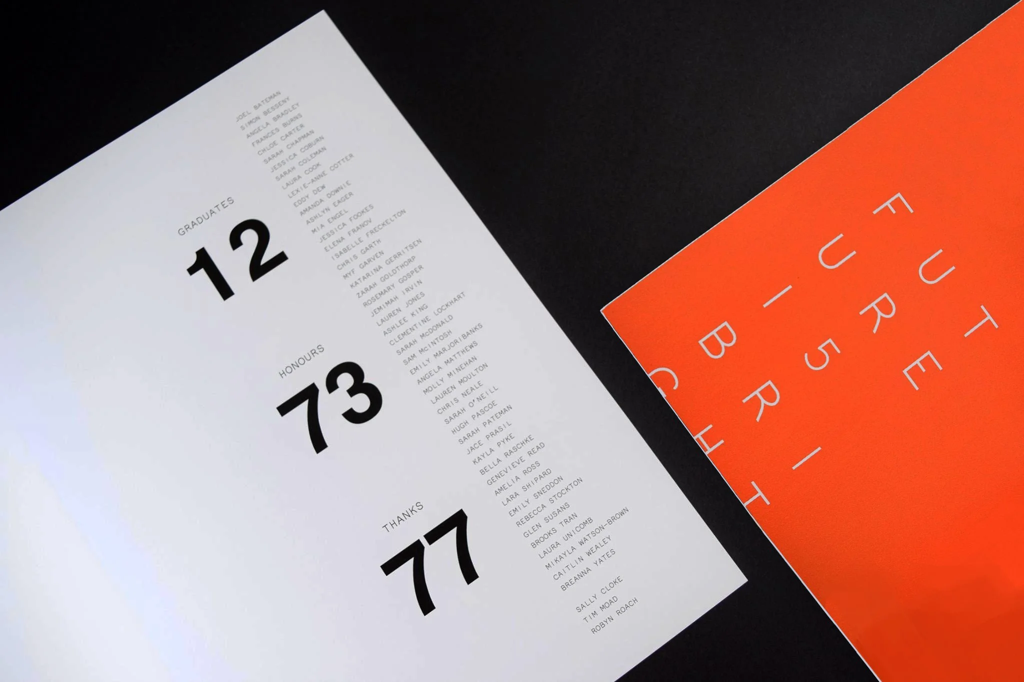 Close up of a brutalist inspired publication, the left side showing bold number graphics black on white, the right side showing a bright orange page with thin white text.
