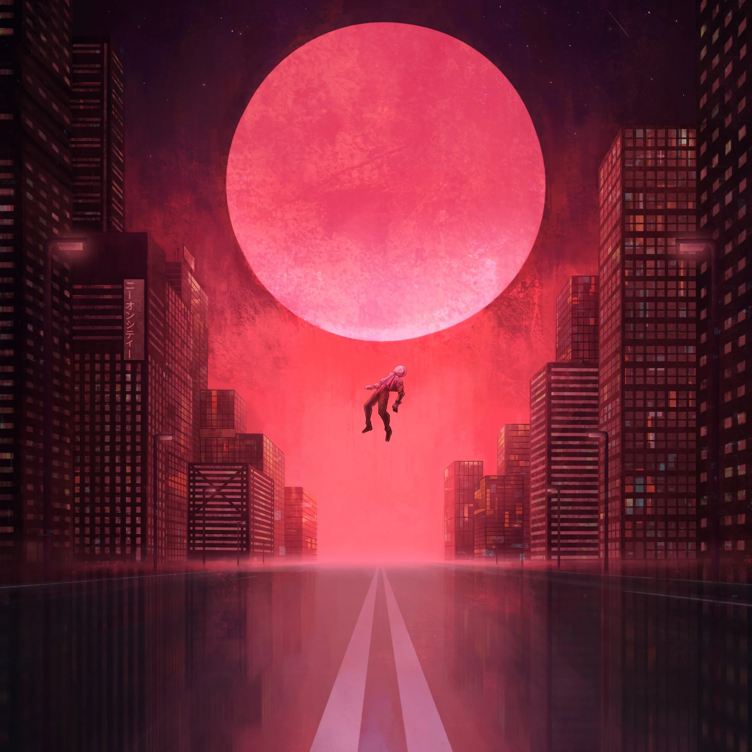 A neon lit city washed in pink light frames a giant moon, with a person wearing a helmet floating up towards it from the road below.