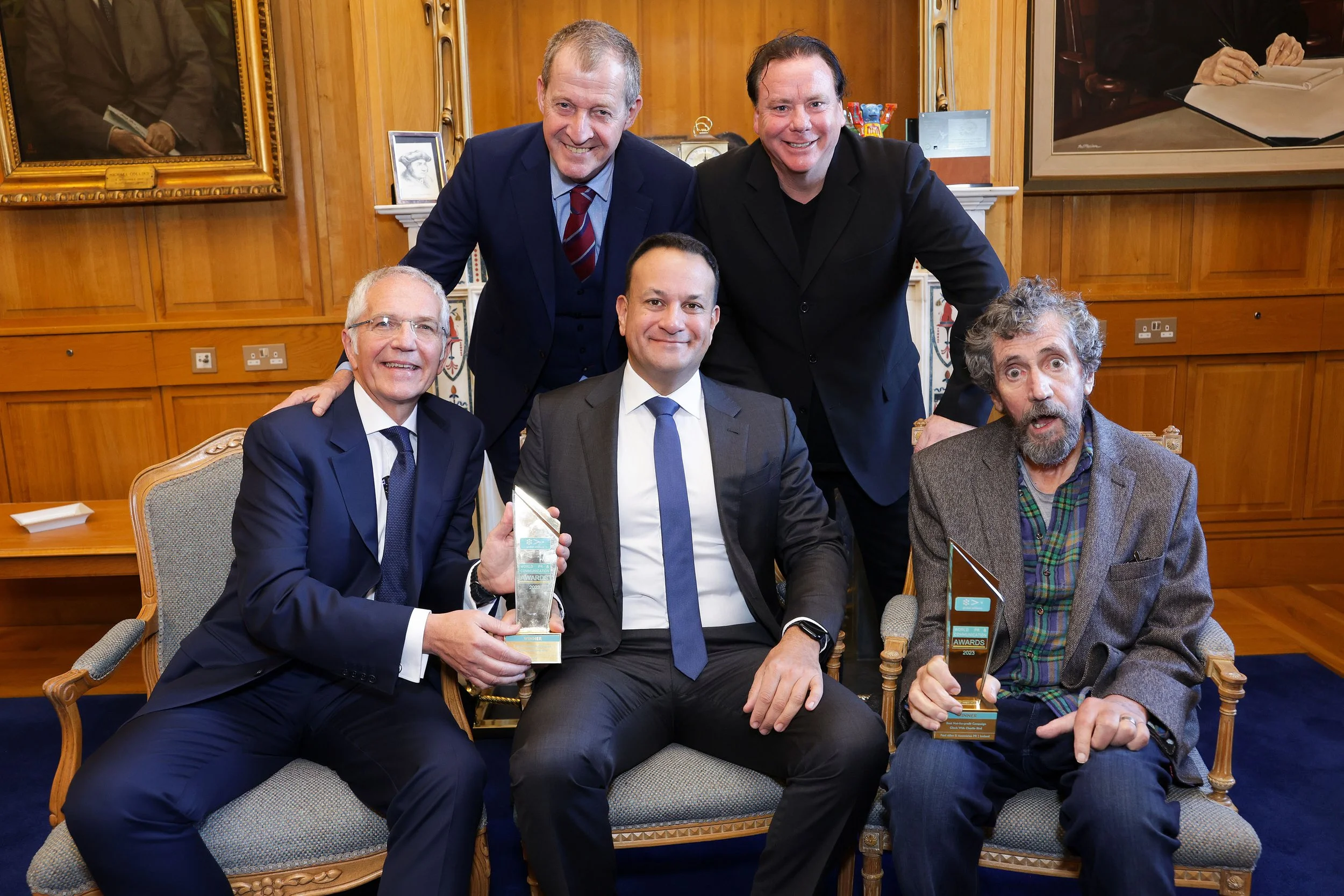 Ireland’s Prime Minister, An Taoiseach Leo Varadkar TD presents Charlie Bird and Paul Allen with Global Alliance’s World Public Relations Award for ‘Climb with Charlie’