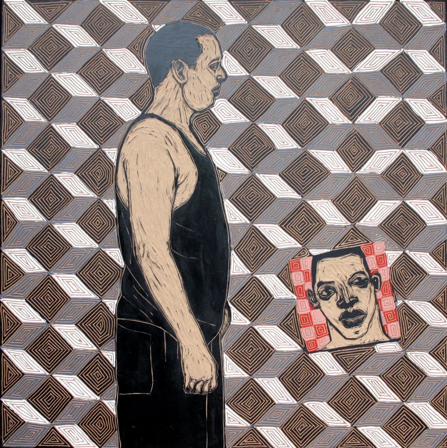 Ephrem Solomon Forbidden Fruit series 2015 Woodcut plate and acrylic 90 x 89 cm